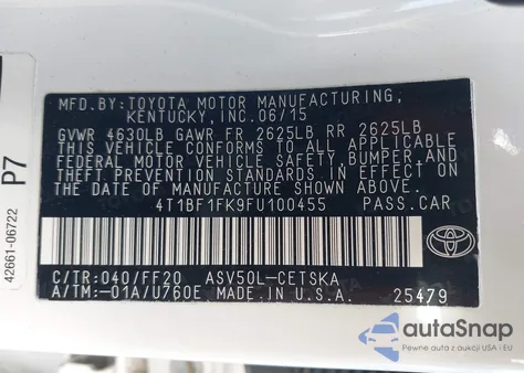 2015 Toyota Camry Se z USA, uszkodzony, nr VIN 4T1BF1FK9FU100455